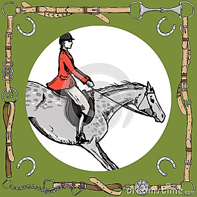 Dapple grey horse rider in leather belt frame with bit, horseshoe. Equestrian sport fox hunting horseman in red jacket. Stock Photo